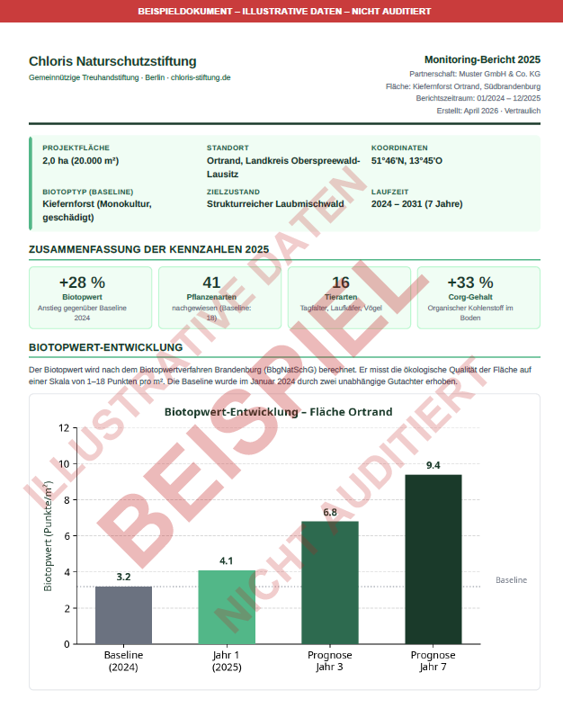 Beispielseite eines Chloris Monitoring-Berichts mit Kennzahlen und Biotopwert-Diagramm